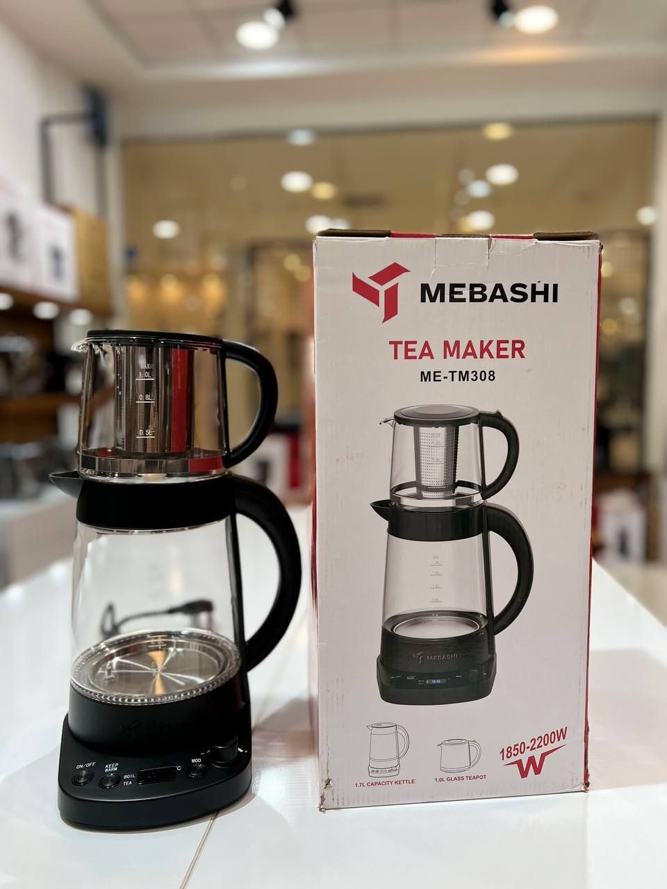 چای‌ساز مباشی مدل ME-TM308 با کتری شیشه‌ای ۱.۷ لیتری